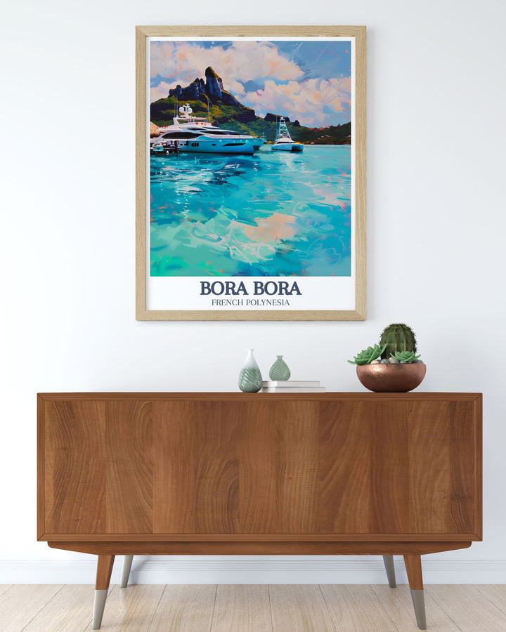 Mount Otemanu Bora Bora Yacht Club wall art bringing the tranquil beauty of French Polynesia into your home this Bora Bora print is perfect for enhancing any room with its serene scenery and vibrant depiction of the iconic yacht club.