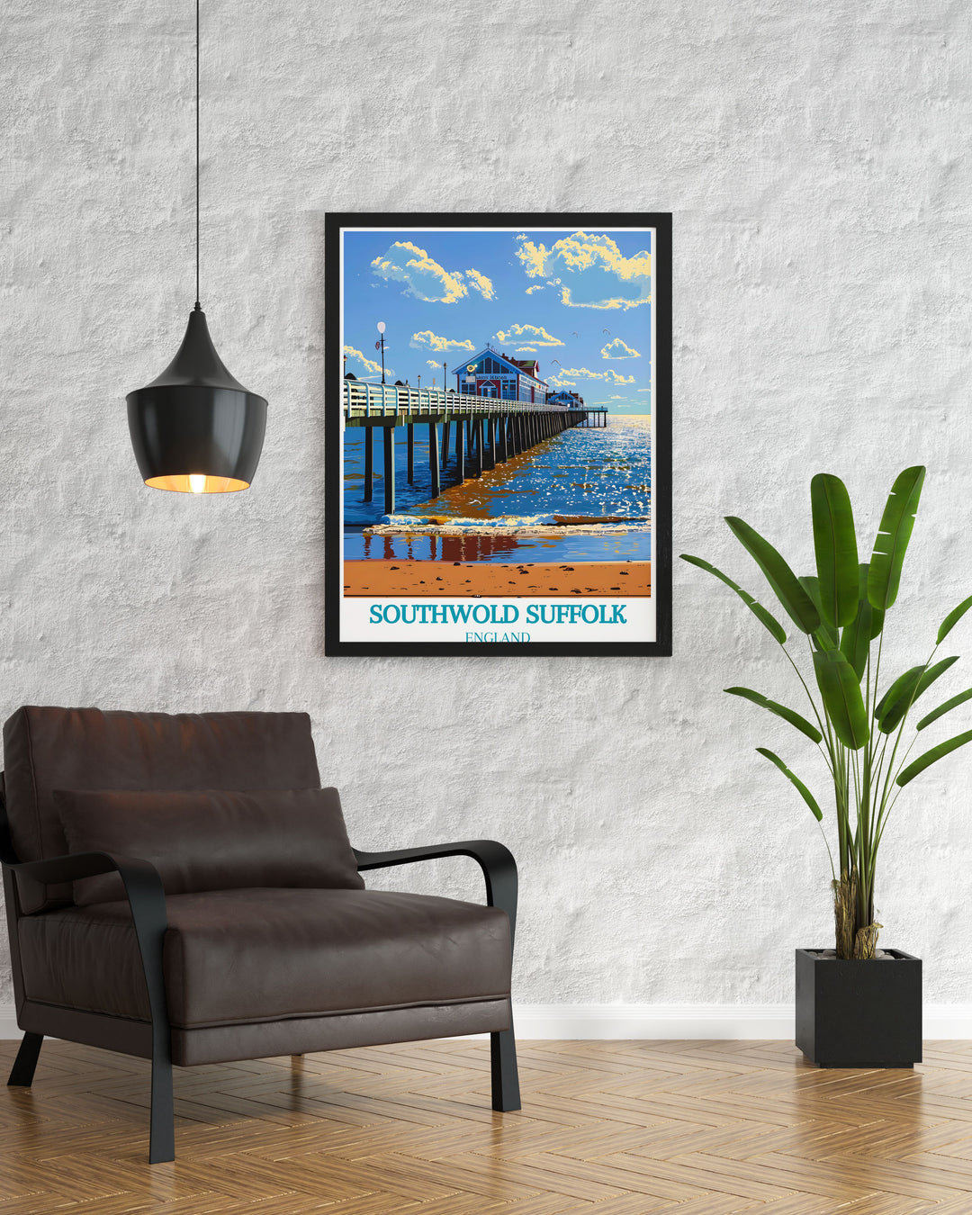 Explore the historical significance of Southwold with this detailed art print, showcasing landmarks like the Southwold Lighthouse and the iconic pier.