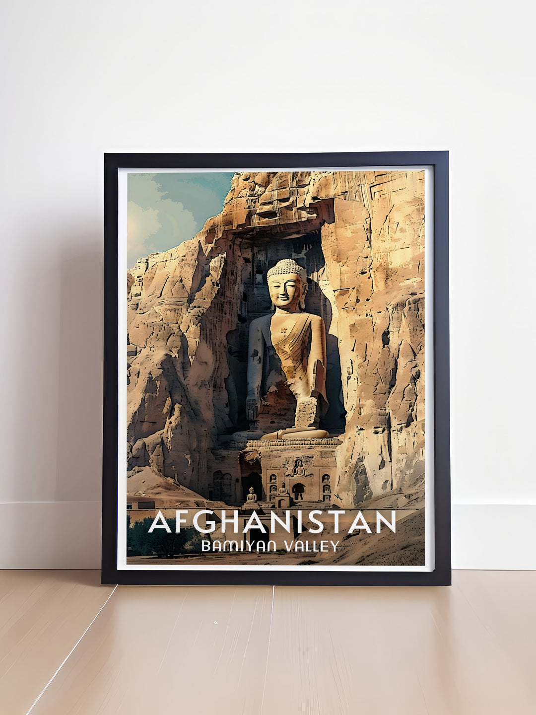 Stunning Bamiyan Valley and Buddhas travel poster showcasing the majestic landscapes and rich heritage of Afghanistan perfect for creating a captivating focal point in any room