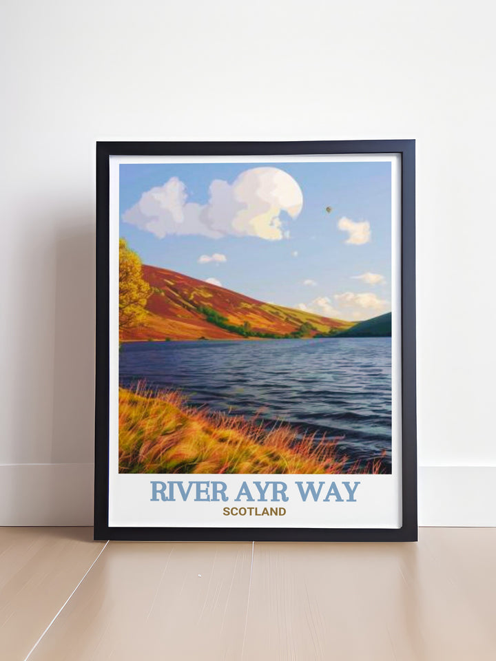 Glenbuck Loch art print featuring the serene waters and lush surroundings of Glenbuck Loch. This detailed artwork highlights the unique features and vibrant landscape, ideal for adding a touch of nature to any room.