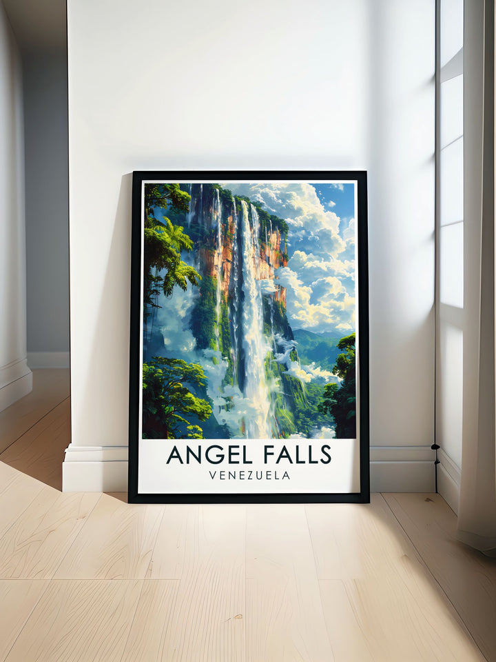 A unique Angel Falls travel print that captures the magic of Venezuelas most iconic waterfall. Ideal for those who love adventure and travel, this print transports you to the heart of Canaima National Park with every glance.