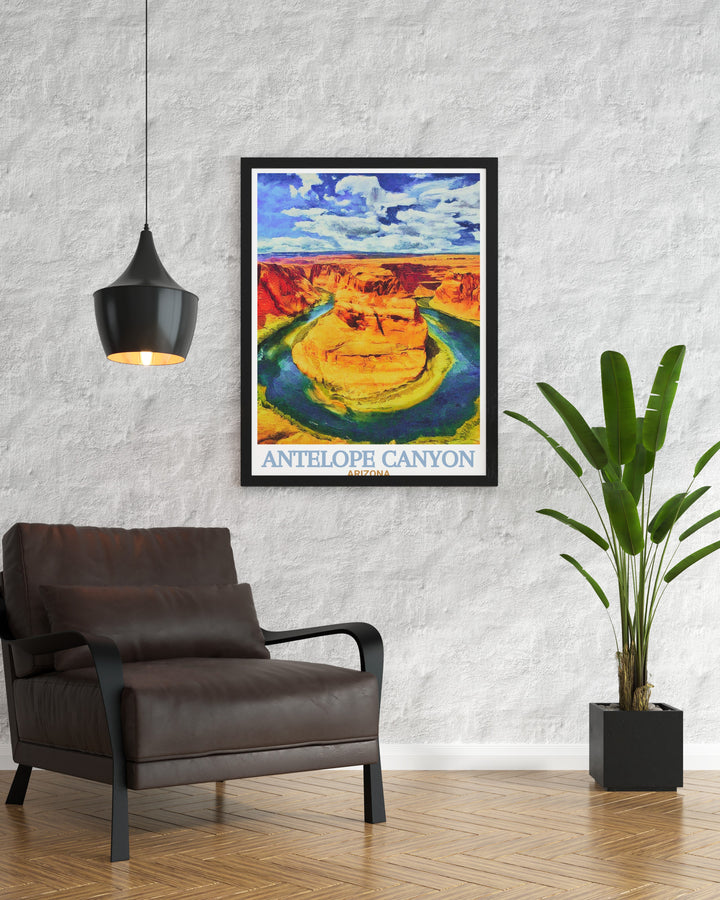 Horseshoe Bend poster designed to highlight the iconic curve of the Colorado River against the dramatic backdrop of Arizonas red rock cliffs a beautiful addition to any travel themed art collection.