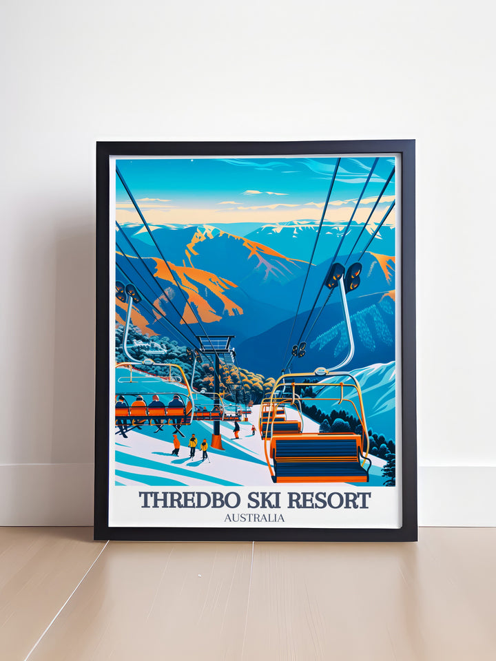 This travel poster of Thredbo Ski Resort captures the serene beauty of Thredbo Village, with the Kosciuszko Express Chairlift towering over the snow covered landscape. Ideal for winter lovers, this framed print brings the Snowy Mountains to life.