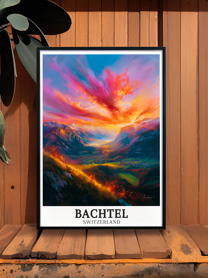 Scenic travel poster of Bachtel with the Swiss Alps and The Bachtel Range in the background. Showcasing the breathtaking landscapes and serene environment of this picturesque location. Perfect for enhancing your living room, office, or any space with Swiss charm.