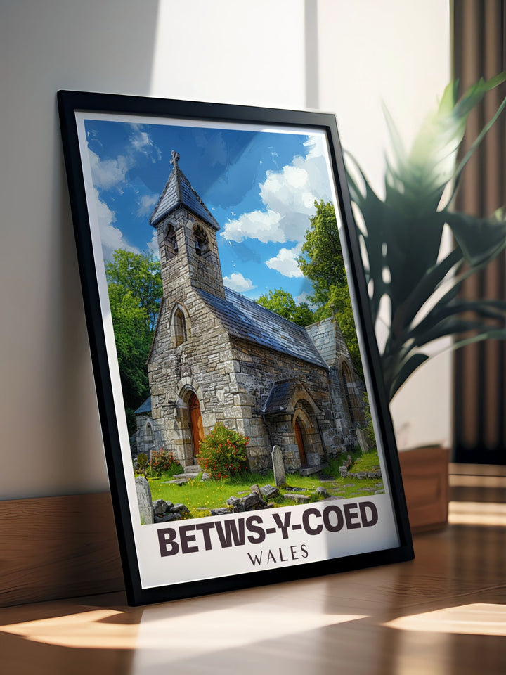 Beautiful Wales wall art showcasing the picturesque village of Betws y Coed and the historic St. Michaels Old Church ideal for bringing a sense of tranquility and heritage to any living space or as a unique travel print for art enthusiasts.
