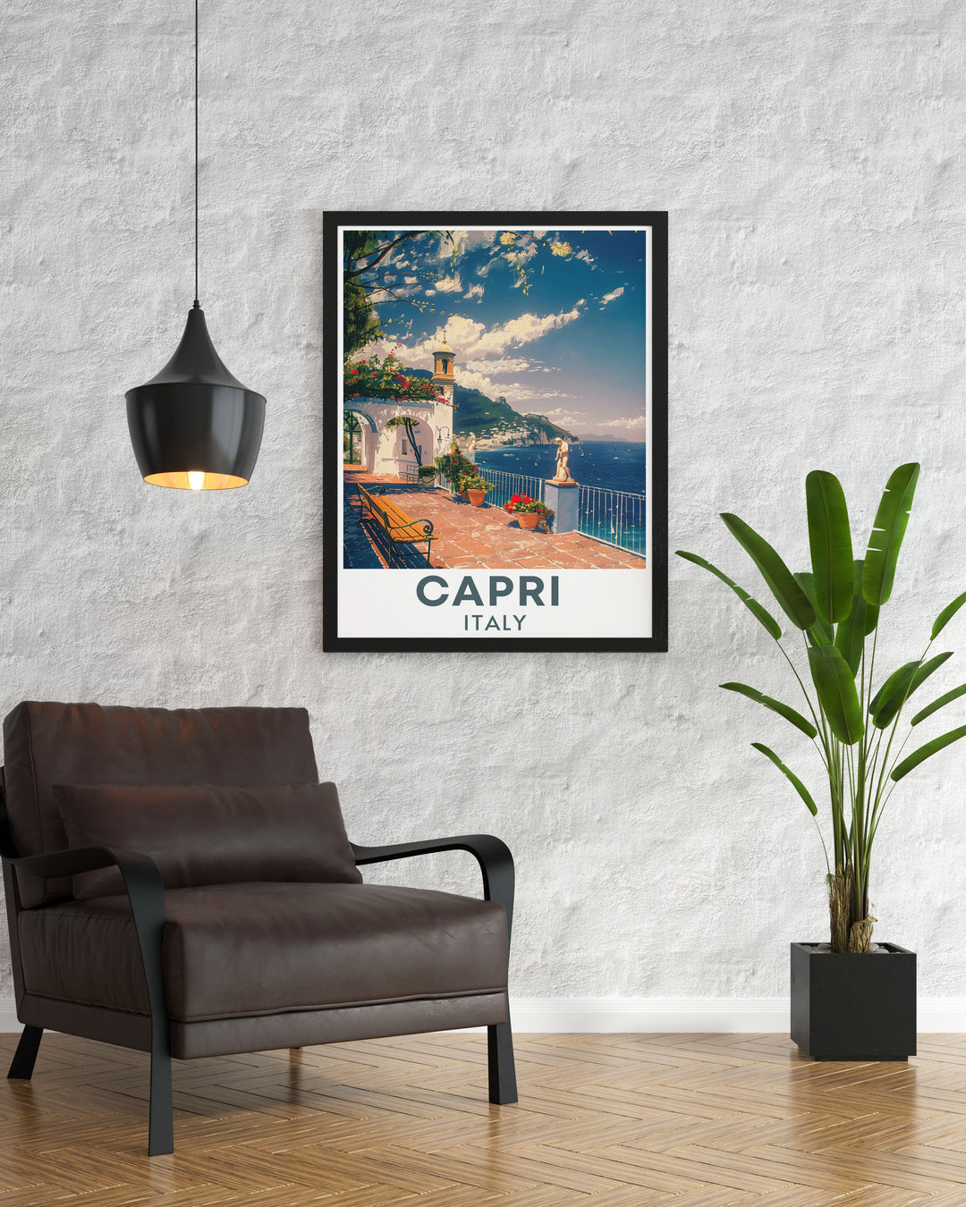 Villa San Michele of Capri is beautifully depicted in this travel poster, showcasing its stunning views and tranquil gardens. Bring a touch of Italys captivating charm into your living space with this exquisite artwork.