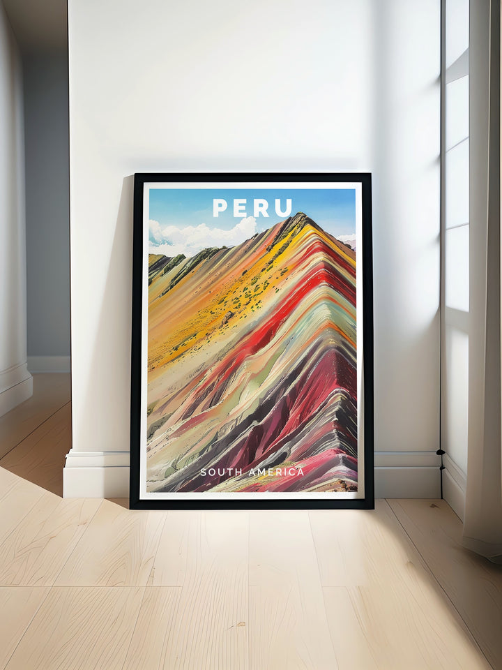 Peru travel poster featuring the stunning Rainbow Mountains and the iconic city of Lima. The print beautifully captures the vibrant colors of the mountains along with the bustling energy of Lima, making it a must have for any travel art collection.