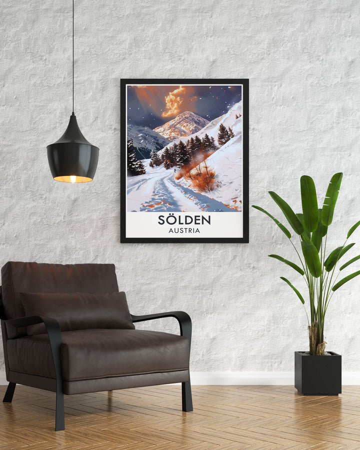 The picturesque Rettenbach Glacier and the dynamic slopes of Solden Ski Resort are beautifully illustrated in this poster, offering a glimpse into the exhilarating experiences and scenic beauty of Austria.