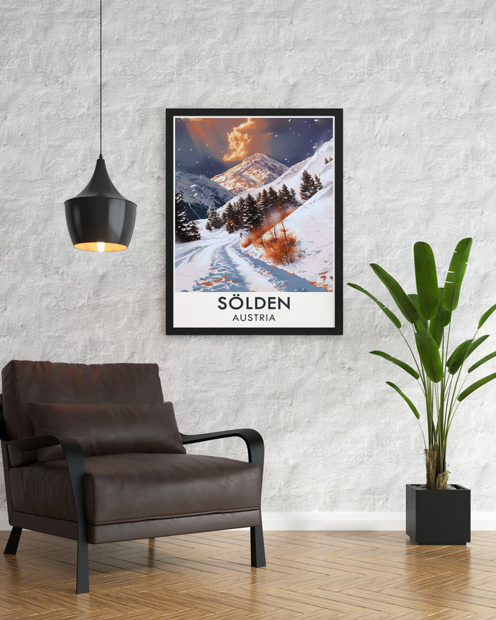 Bring a piece of Austrias renowned Solden Ski Resort into your home with this detailed Snowboarding Wall Print. Featuring the dramatic Rettenbach Glacier, this vibrant artwork is perfect for anyone who loves the mountains and the rush of snowboarding.