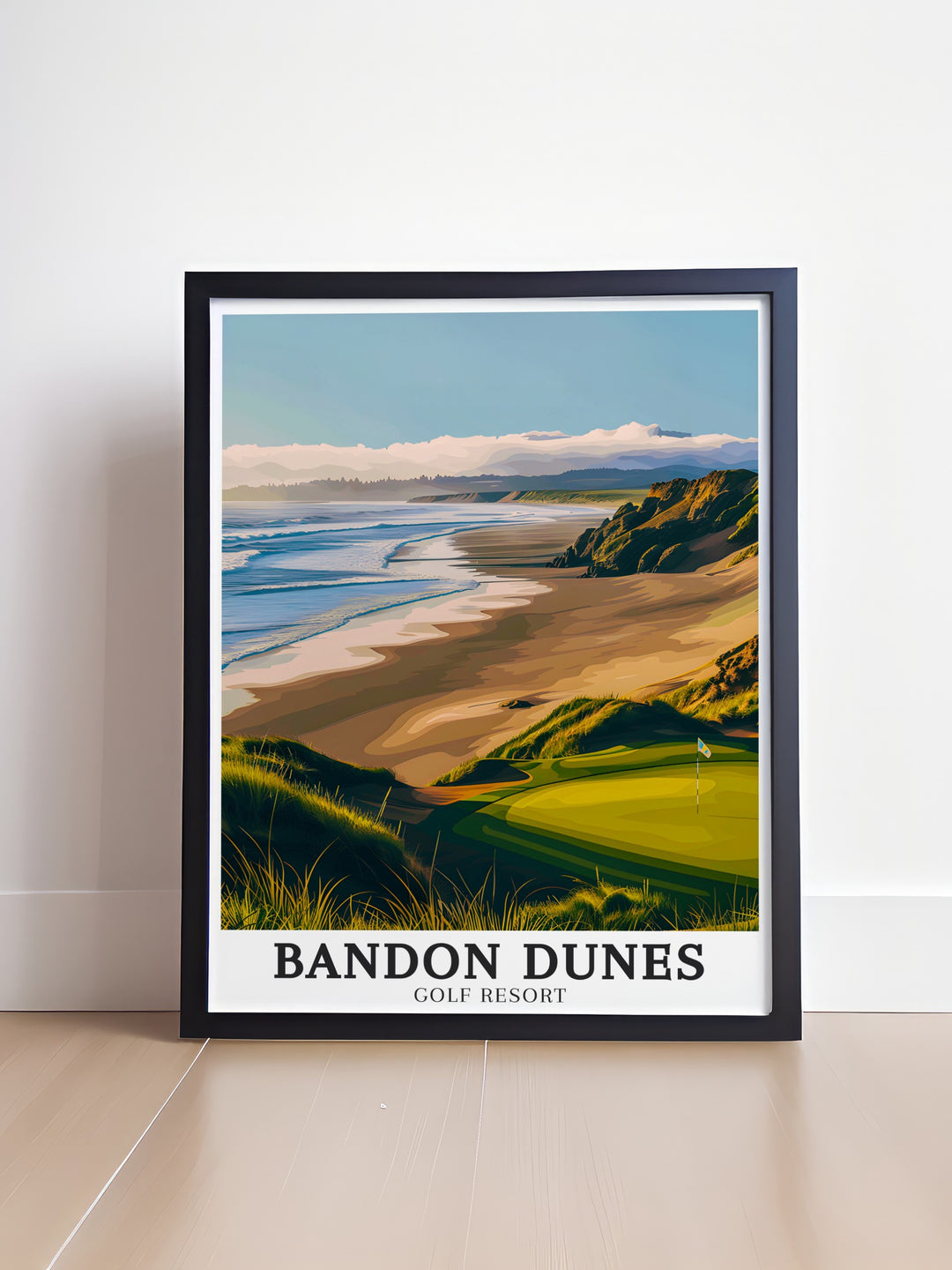 Vintage style golf art print of Bandon Dunes Golf Resort with a dynamic color palette, showcasing the beauty of the Pacific Ocean and its stunning golf courses.