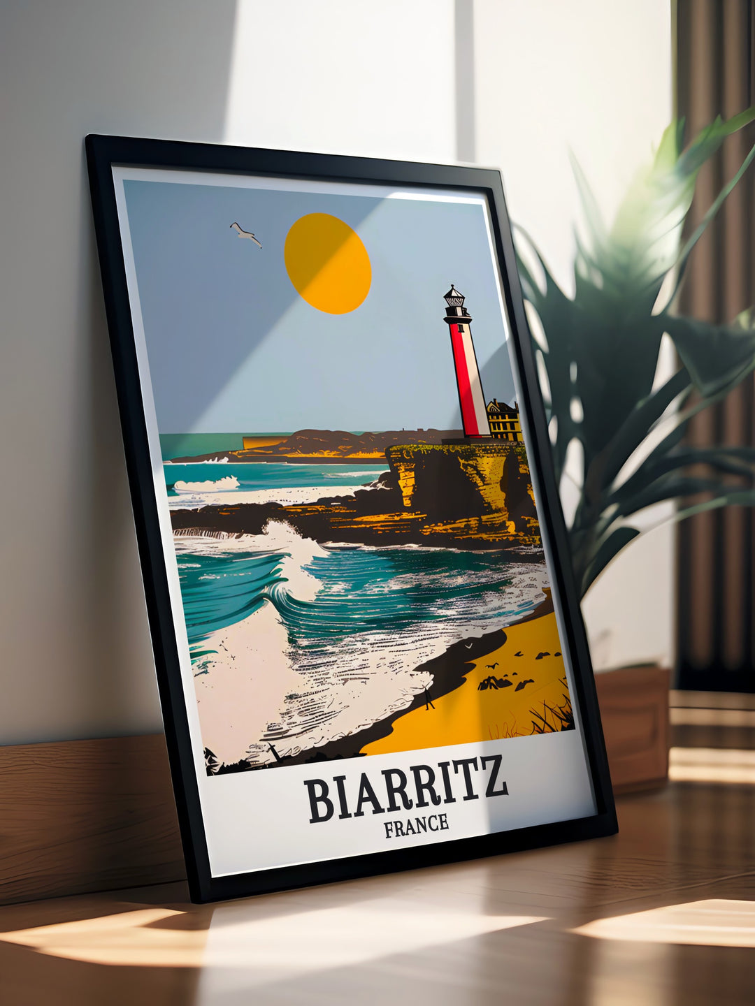 Biarritz Travel Poster highlighting the picturesque Plage de la Cote des Basques and Phare de Biarritz a beautiful piece for anyone looking to incorporate French charm into their home decor with stunning wall art that inspires and captivates