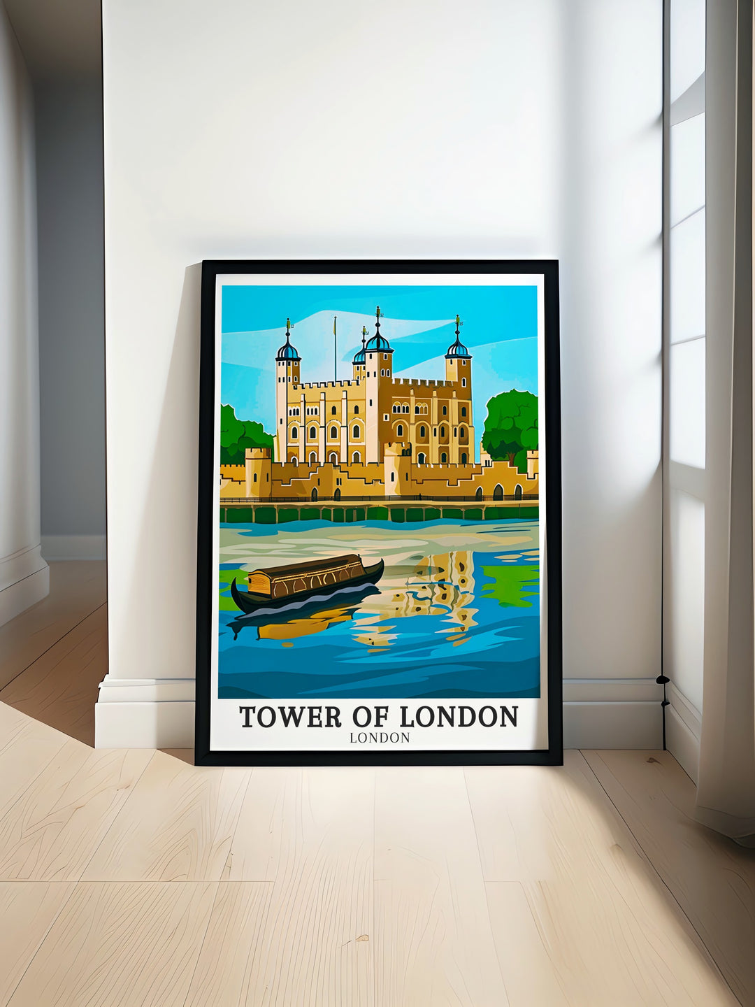 Tower of London and Thames Canal art deco travel posters showcasing vibrant landscapes and iconic landmarks of His Majestys Royal Palace in London. These framed travel posters are ideal for adding a touch of elegance to your wall decor. Experience the charm of London through our beautifully crafted art deco travel posters.