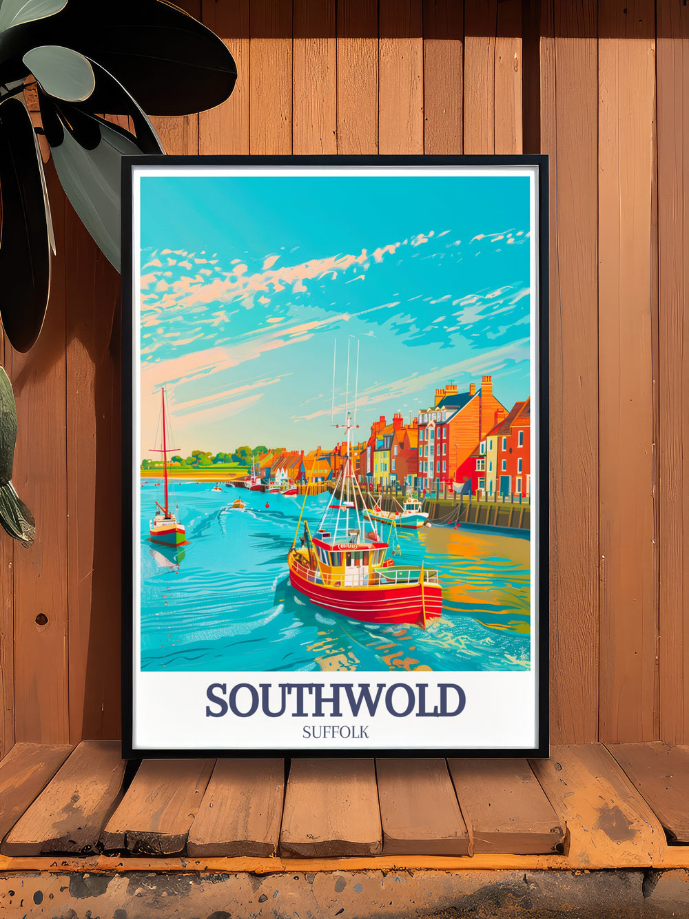 Elegant Southwold Print showcasing the serene beauty of the North Sea Southwold Harbor. This vintage travel print is perfect for adding a coastal vibe to your living room or bedroom. Ideal for anyone who loves Southwold and its picturesque scenery.