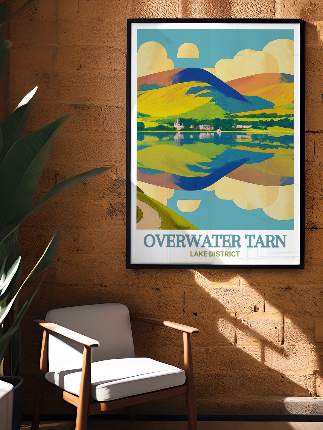 Overwater Tarn travel print capturing the serene beauty of Overwater Tarn and Bassenthwaite Lake. This artwork showcases the tranquil waters and lush surroundings, perfect for home decor or as a gift for nature enthusiasts. A stunning piece celebrating Cumbrias landscapes.