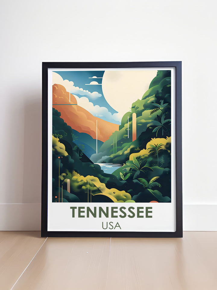 USA Travel Poster featuring the Ryman Auditorium in Nashville Tennessee and the picturesque landscapes of Great Smoky Mountains National Park. A stunning addition to any collection of travel art and nature prints