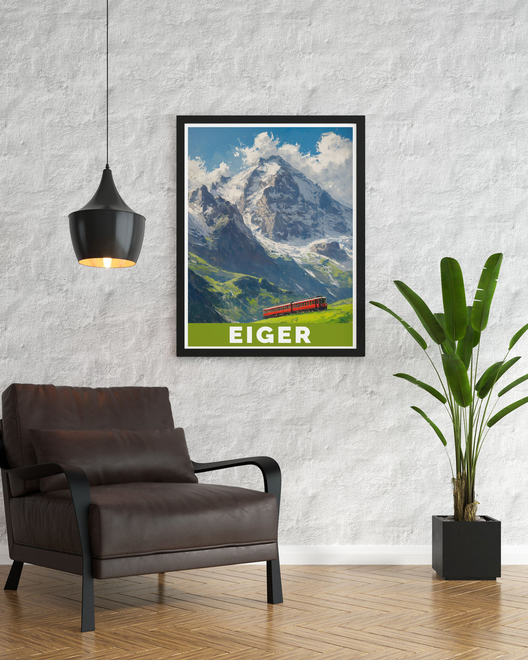 Beautiful poster of Eiger and Lauterbrunnen Valley showcasing the lush greenery and waterfalls of this picturesque region in Switzerland an ideal addition to any nature lovers collection of travel prints and wall art.