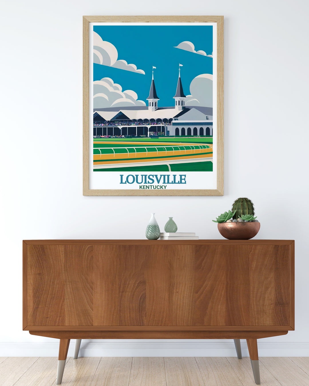 A canvas art print highlighting Louisvilles skyline and Churchill Downs, capturing the spirit of Kentuckys equestrian history and urban charm. This artwork is perfect for anyone who cherishes the culture and energy of Louisville, whether as a decor piece or gift.