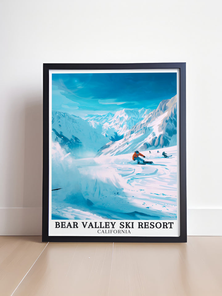 A captivating Bear Valley, Sierra Nevada art print this vintage travel poster brings the majestic beauty of the Sierra Nevada into your home. Ideal for those who appreciate winter sports and mountain scenery this artwork adds a touch of elegance to any room.