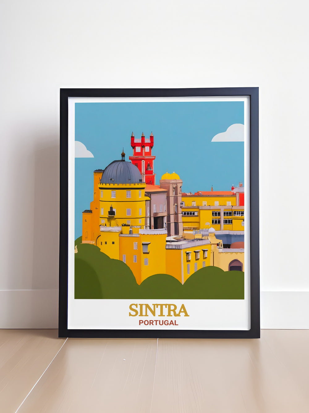 This vibrant travel poster features Sintras iconic Pena Palace, nestled in the lush hills of Portugal. The palaces bold colors and ornate architecture make it a striking centerpiece in this artwork, capturing the beauty and history of one of Portugals most famous landmarks.