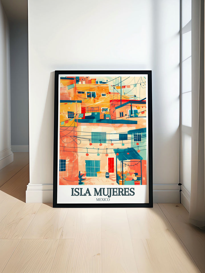 Black and white fine line print of Isla Mujeres map featuring Centro, Avenida Rueda Medina ideal for modern home decor and living room wall art elegant Isla Mujeres print showcasing the vibrant cityscape.