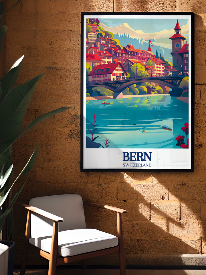 Aare River canvas art brings the calming flow of Berns iconic river into your home, with the Nydegg Bridge adding a touch of historical significance. This travel poster is a great gift for travelers and lovers of Swiss landscapes.