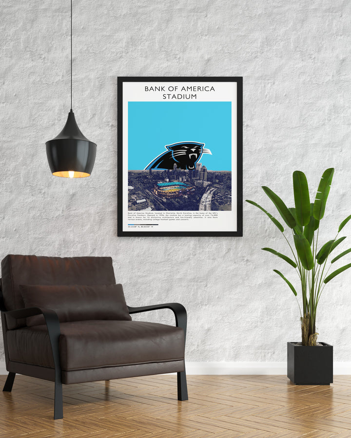 Modern Carolina Panthers print featuring the Bank of America Stadium perfect for gifts for football enthusiasts blending minimalist sports art with stylish home decor for a sophisticated look.