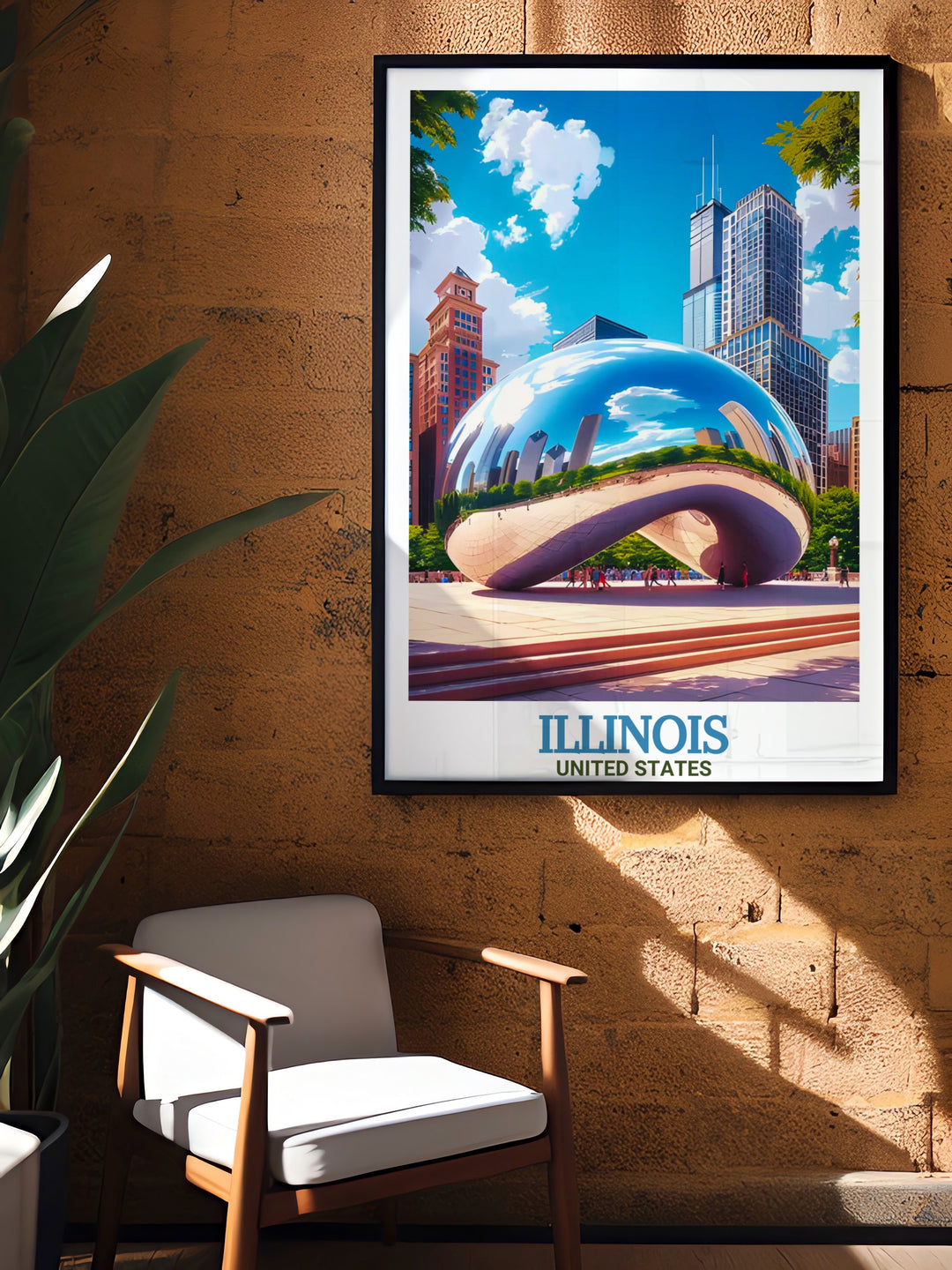 Display the charm of Chicago with this travel poster featuring the iconic Millennium Park and the vibrant skyline. The bold design makes this Illinois print a perfect gift for fans of the city and lovers of travel art.