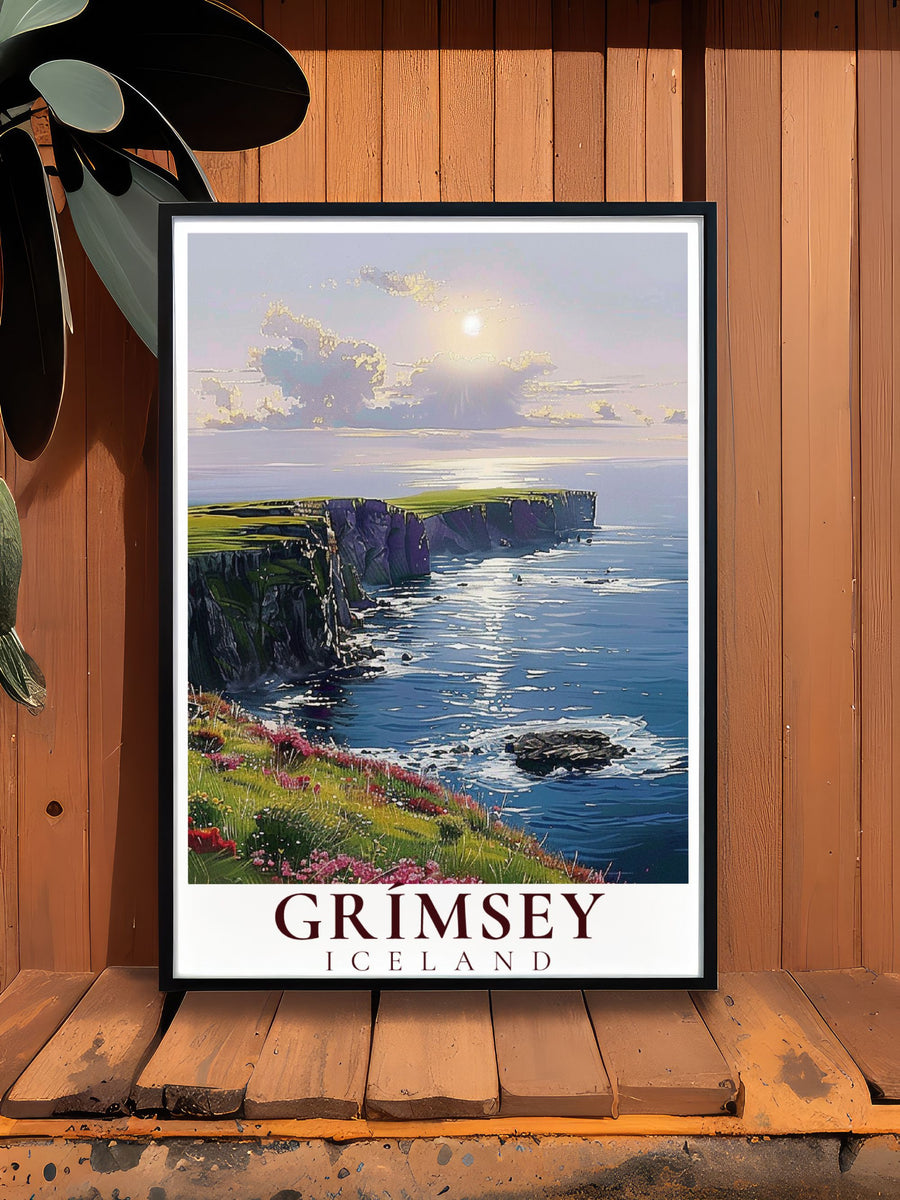 This Northern Lights Travel Poster showcases the beauty of Grimsey, Iceland, where puffins nest along the coastline. The ideal addition to any wall art collection, this print highlights the allure of the Arctic Circle.