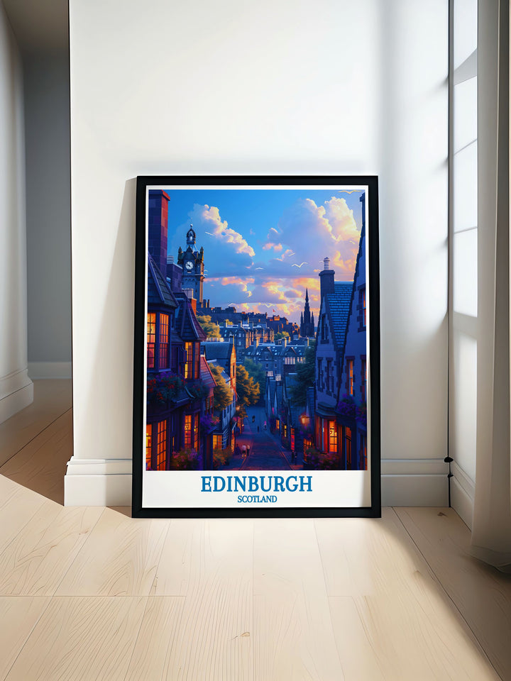 Custom art print of the Royal Mile, offering a detailed view of its historic buildings and bustling atmosphere.