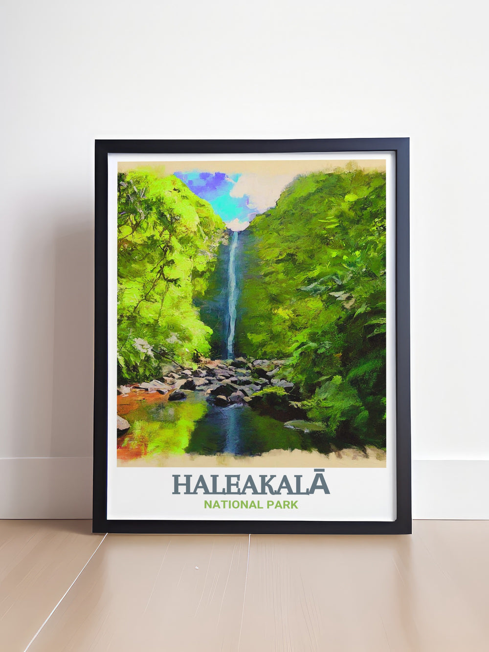 Haleakalā National Park wall art highlighting the serene landscapes and dramatic vistas of Kīpahulu District. This artwork is a perfect way to bring the beauty of Hawaiis natural landscapes into your home, celebrating one of its most famous parks.