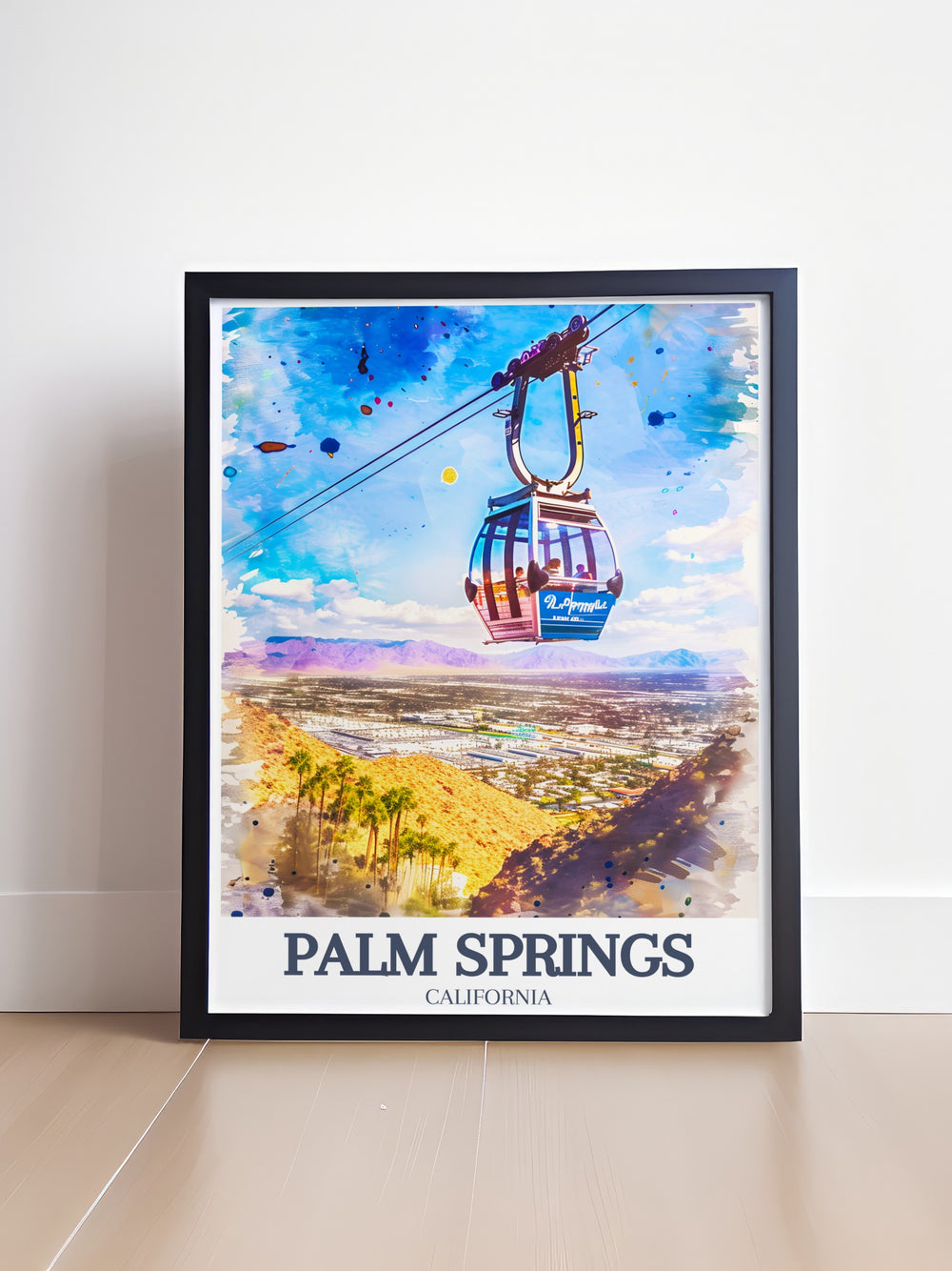 Palm Springs Art Print highlighting the iconic Palm Springs Aerial Tramway and the vast Coachella Valley. The vibrant colors and detailed design make this poster a striking addition to any room, offering a glimpse into Californias diverse landscapes.