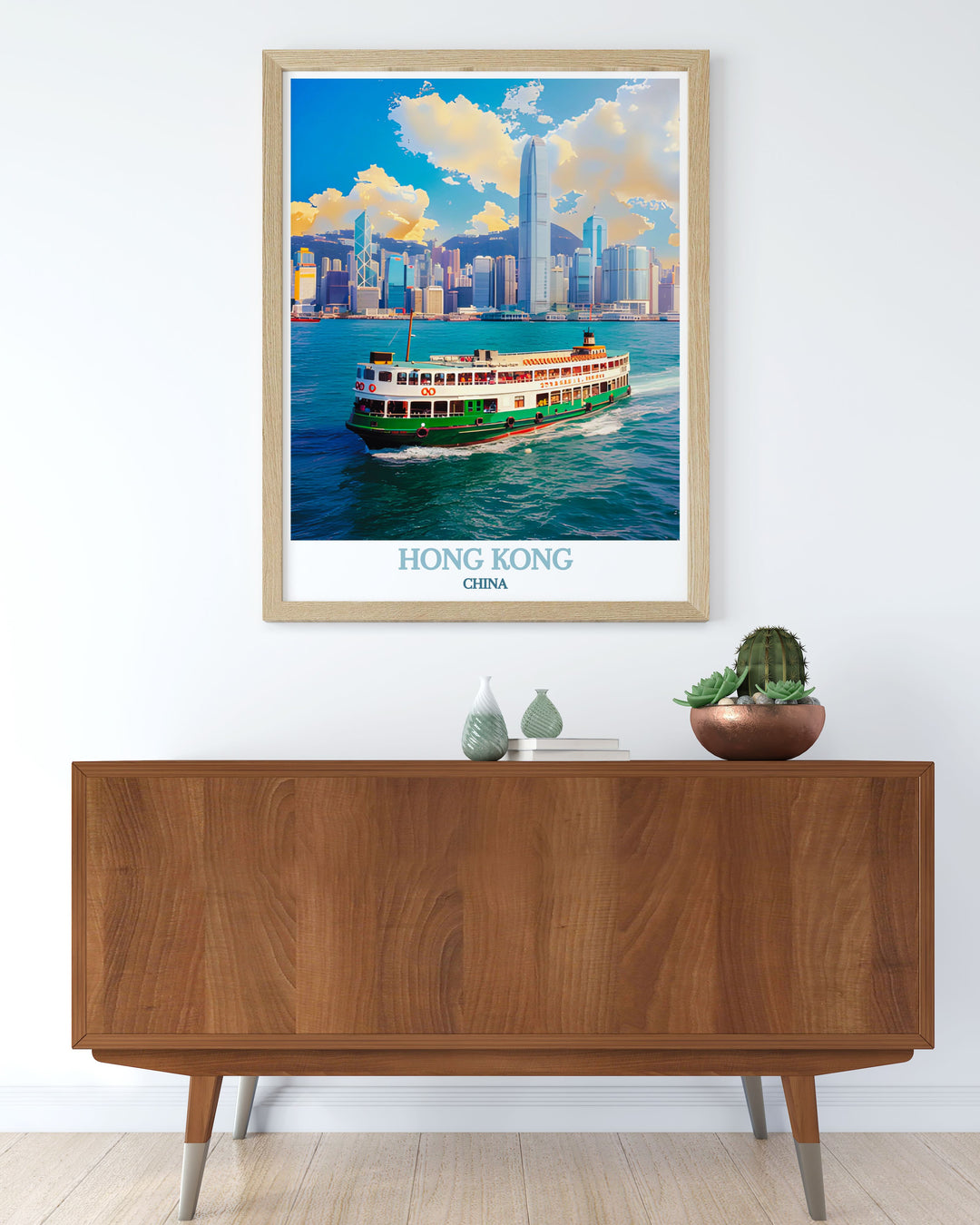 Celebrating the dynamic skyline of Hong Kong, this travel poster features the citys skyscrapers set against the tranquil harbor, bringing the vibrant energy of Hong Kong into your home decor. Perfect for urban enthusiasts and travelers.