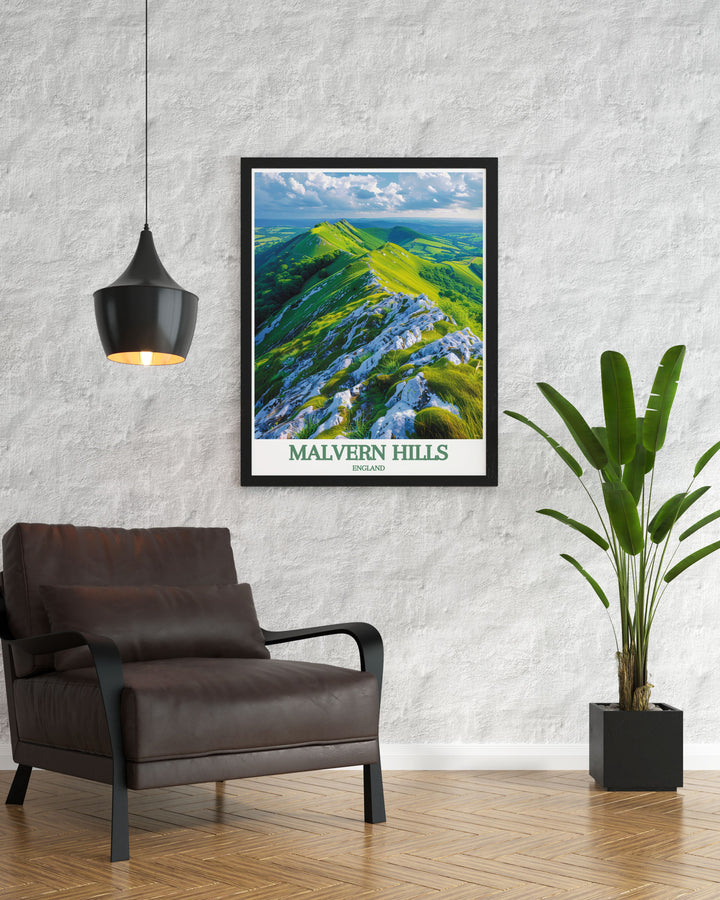 Bring the enchanting scenery of the Malvern Hills into your home with this Great Malvern Priory artwork a breathtaking piece of UK countryside art that highlights the serene landscape of the Severn Valley and the historical charm of Worcestershire and Gloucestershire