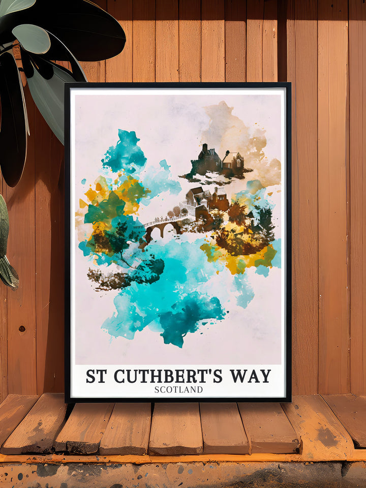 Holy Island Walkhighlands and St Cuthberts Way depicted in a framed print featuring the Scotland Great Trail and iconic landmarks like Lindisfarne Castle and Melrose Abbey perfect for nature lovers and bucket list adventurers