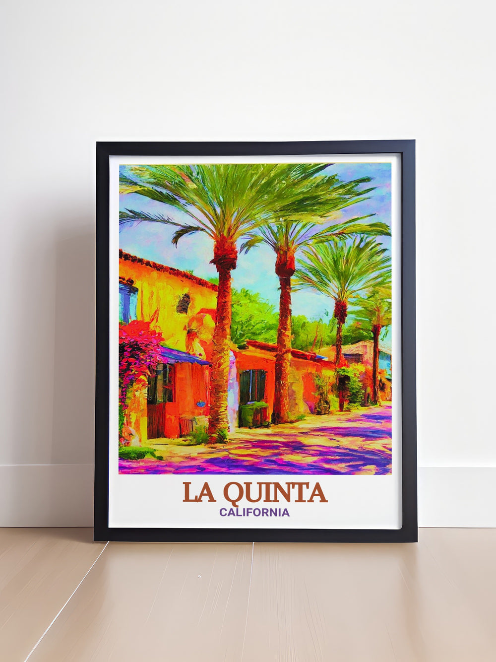 La Quinta travel poster featuring the historic Old Town district. This detailed art print captures the unique charm and history of Californias desert community, offering a refreshing addition to your home or office decor. Perfect for anyone seeking a touch of California culture.