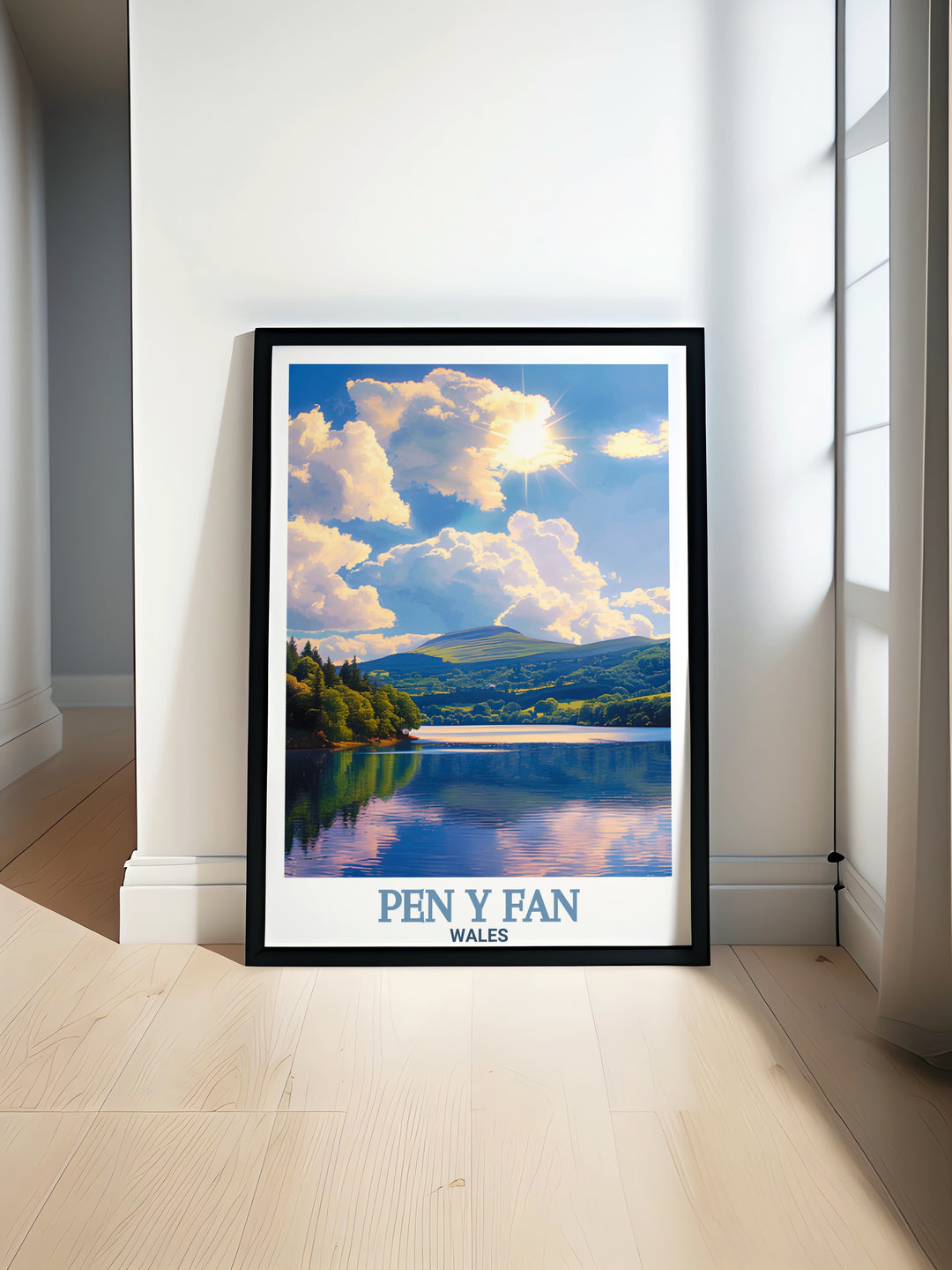 Pen y Fan Poster Print featuring the stunning Welsh peak and the serene waters of Pontsticill Reservoir. This travel print captures the peaceful beauty of Brecon Beacons National Park, perfect for adding a touch of nature to your home or office.