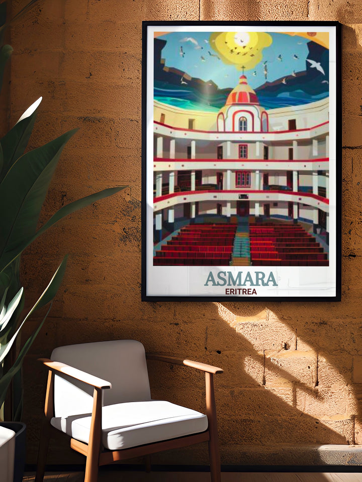 Unique travel poster print of Asmara Opera House in vintage style, tailored for personalized gifts and home decor, highlighting historical architecture.