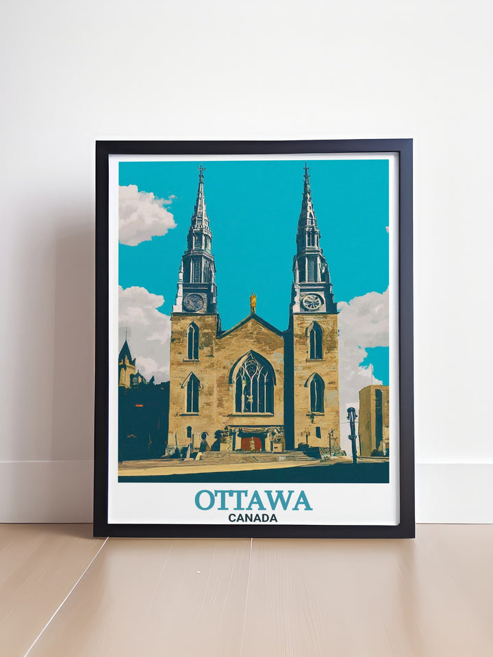 Ottawa Photo print highlighting Notre Dame Cathedral Basilica. This travel poster is an excellent choice for those who appreciate photography and the beauty of Ottawas iconic landmarks. The print provides a captivating view of the cathedrals stunning architecture.