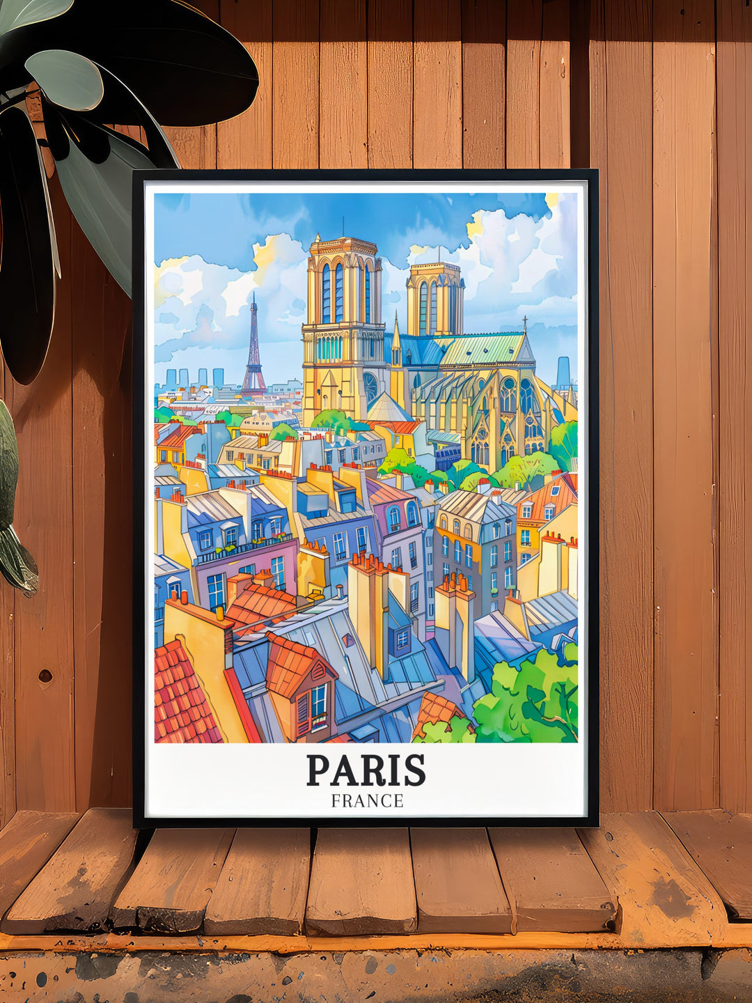 Stunning Paris Photo featuring the Eiffel Tower and Notre Dame Cathedral. This photography print brings the beauty of Paris into your home with vibrant colors and exquisite details.