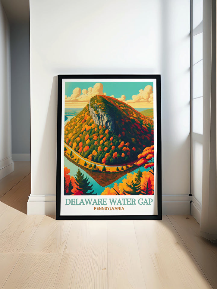 Mount Tammanys panoramic views over the Delaware Water Gap are beautifully captured in this travel poster, providing a perfect reminder of Pennsylvanias scenic wonders. Great for adding a touch of nature inspired decor to your space.