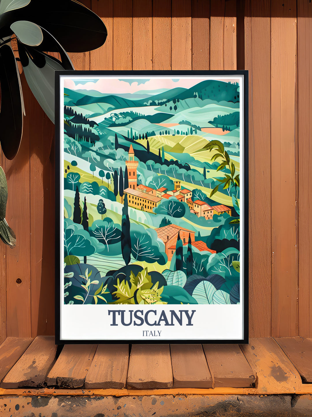 A vibrant travel print of Tuscanys Val dOrcia, featuring the historic streets of Pienza. This artwork brings the rich history and natural beauty of the Italian countryside into your home.