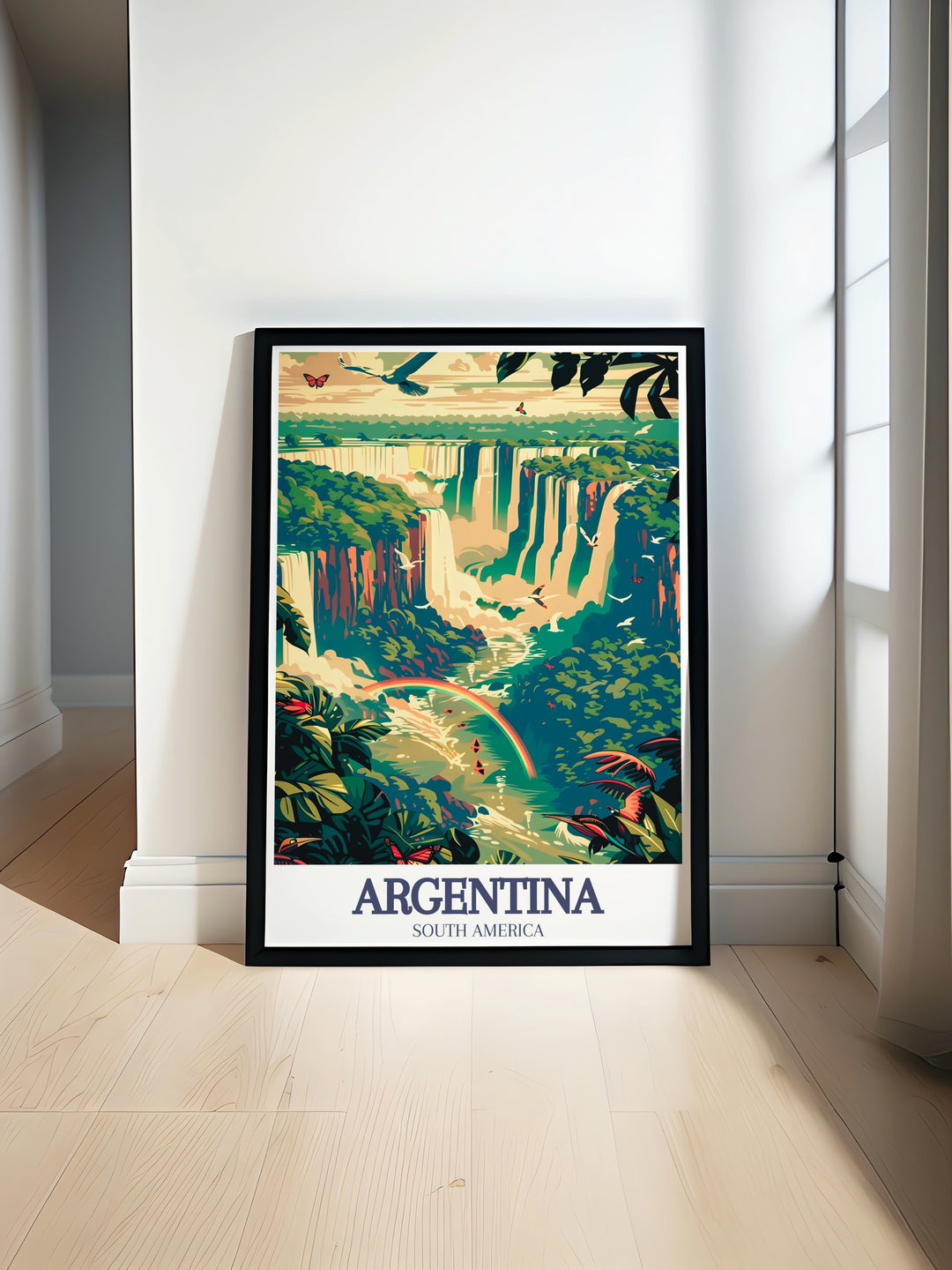 Iguazu Falls, Iguazu River stunning travel poster showcasing the majestic waterfalls and lush greenery. Perfect for adding a touch of natural beauty to your home decor. Ideal for those who appreciate Argentina art and breathtaking landscapes.