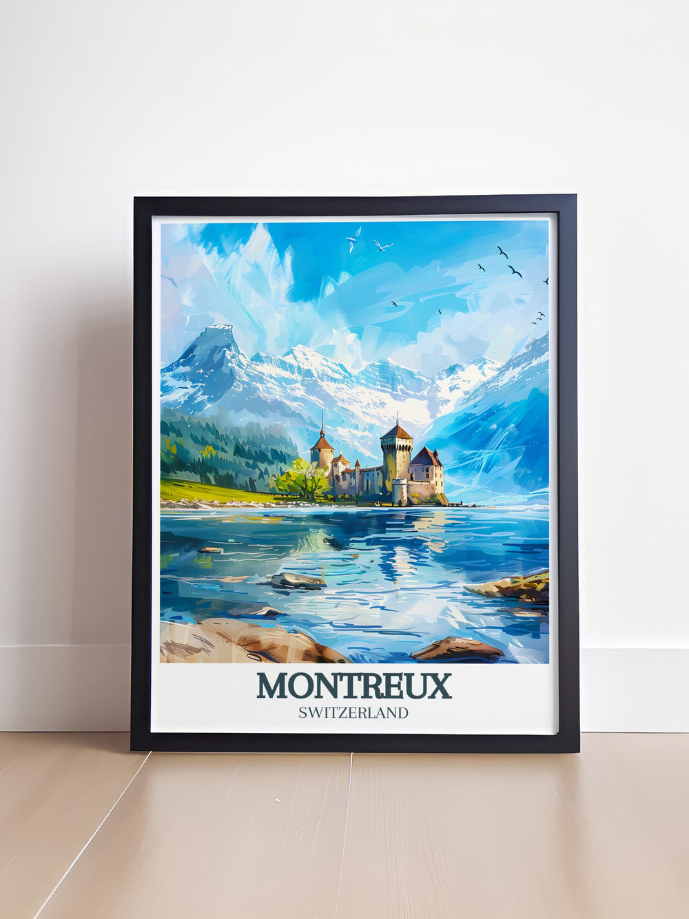 This Chillon Castle Vintage Poster offers a nostalgic look at one of Switzerlands most famous landmarks. Set against the serene backdrop of Lake Geneva and the Swiss Alps, this print brings an air of timeless elegance to your home décor.