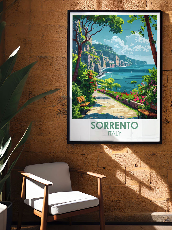 Villa Comunale Park artwork featuring detailed illustrations of Sorrentos lush park and scenic views. Perfect for adding a touch of Italian elegance to your home this Sorrento travel poster is a must have for anyone who loves Italy and its beautiful landscapes.