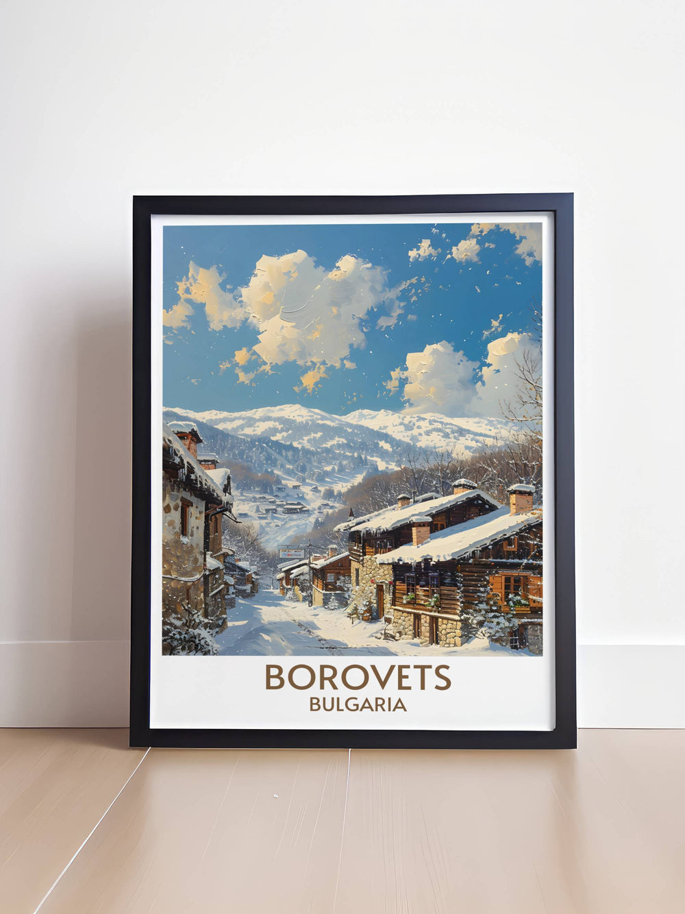 Artistic depiction of Borovets Ski Resort showing skiers and snowboarders on snowy mountains vibrant colors enhancing the winter atmosphere