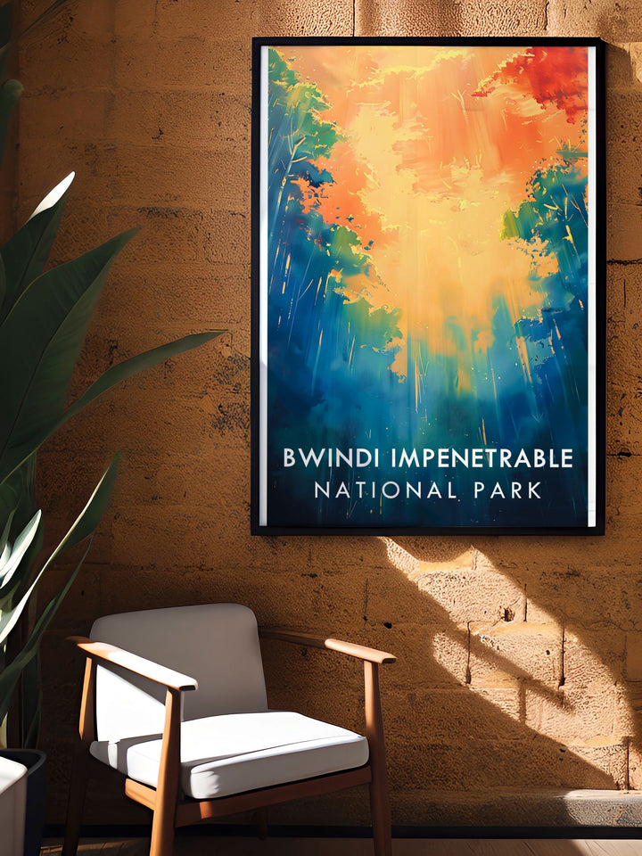 The vibrant landscapes and rich biodiversity of Bwindi are depicted in this vibrant travel poster, offering a stunning visual of Ugandas diverse attractions.