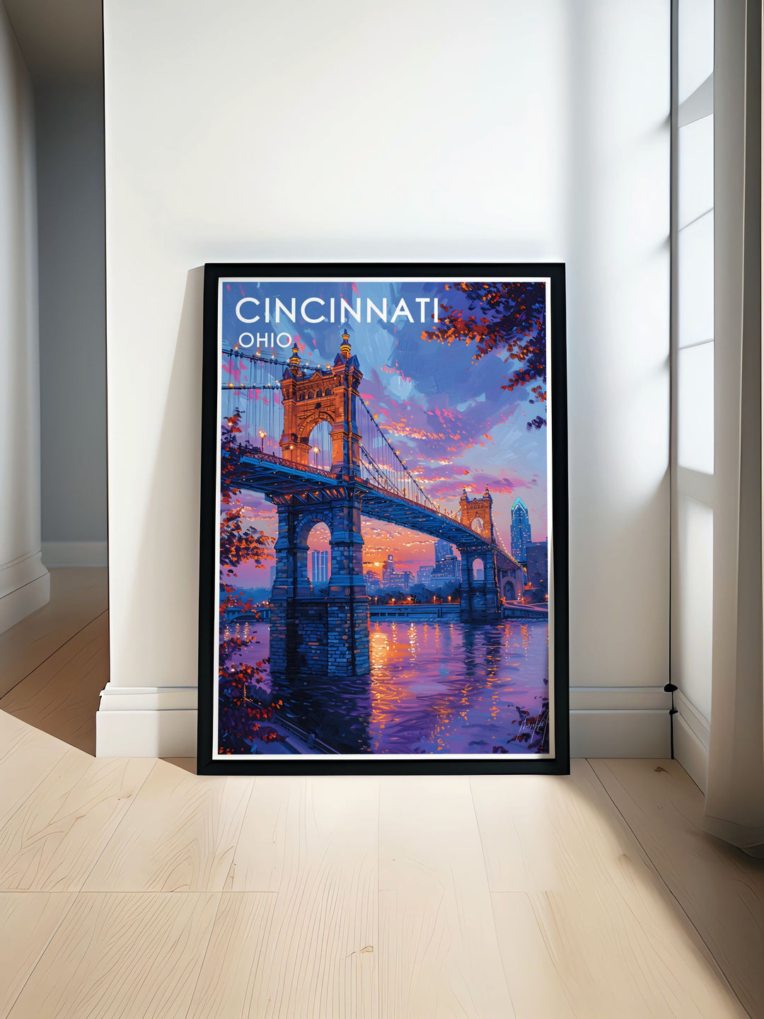 This Cincinnati poster print features the Roebling Suspension Bridge with the city skyline in the background. The blend of modern and vintage styles makes it an excellent choice for anyone looking to personalize their living space.