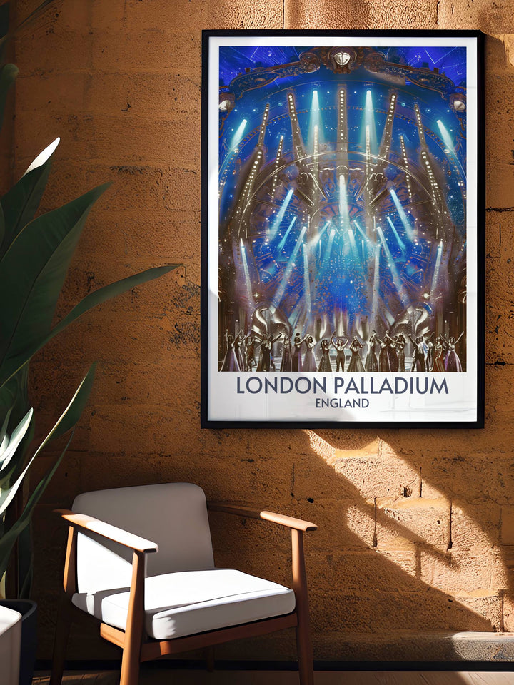 Stage Performances Artwork featuring the London Palladiums historic theatre. This Art Deco print celebrates the theatres stage performances and architectural beauty, perfect for adding a touch of sophistication to any room.