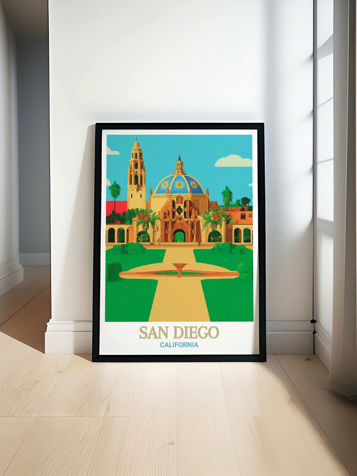 Travel print of San Diego and Balboa Park, designed to bring the vibrant energy of California into your home. Perfect for those who admire the states blend of urban and natural beauty.