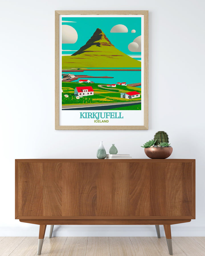 Grundarfjörður Travel Print showcasing the serene waters of Grundarfjörður, with the iconic Kirkjufell mountain rising in the background. The artwork beautifully captures the tranquility and natural beauty of this Icelandic fjord, making it an ideal addition for nature lovers and travel enthusiasts.